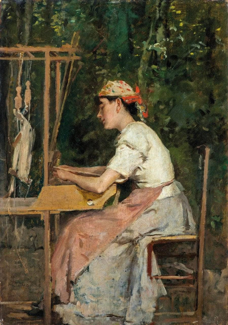 The stitcher of lace trimmings for women's dresses by Silvestro Lega — Oil Painting Reproduction