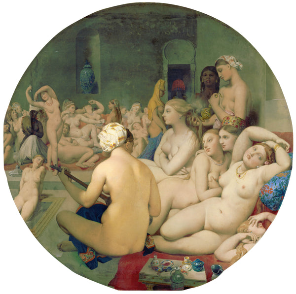The Turkish Bath by Jean-Auguste-Dominique Ingres, a round painting of nude women gathered around a pool in a harem.