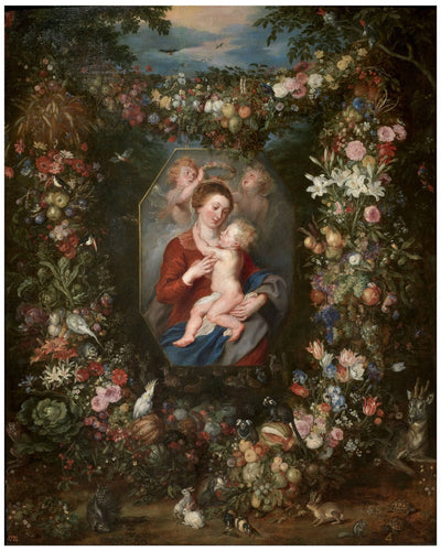 The Virgin and Child in a Painting surrounded by Fruit and Flowers in living room