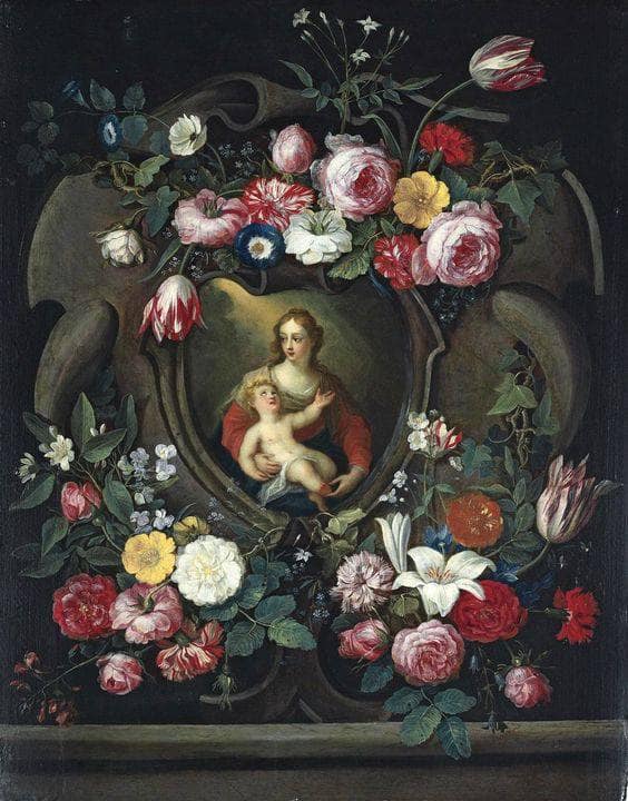 The Virgin and Child, in a Sculpted Cartouche, Surrounded by Garlands of Roses, Tulips, Carnations,Lillies and Other Flowers by Jan van Kessel the Elder — Oil Painting Reproduction