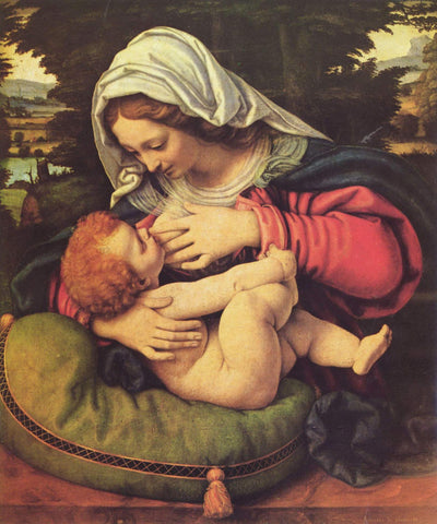 The Virgin of the Green Cushion in hallway