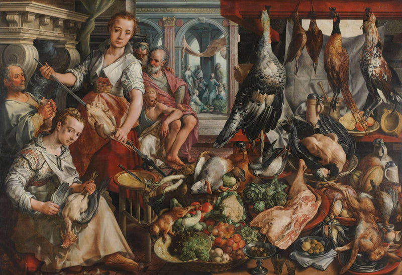 The well-stocked kitchen, with Jesus in the house of Martha and Mary in the background by Joachim Beuckelaer — Oil Painting Reproduction