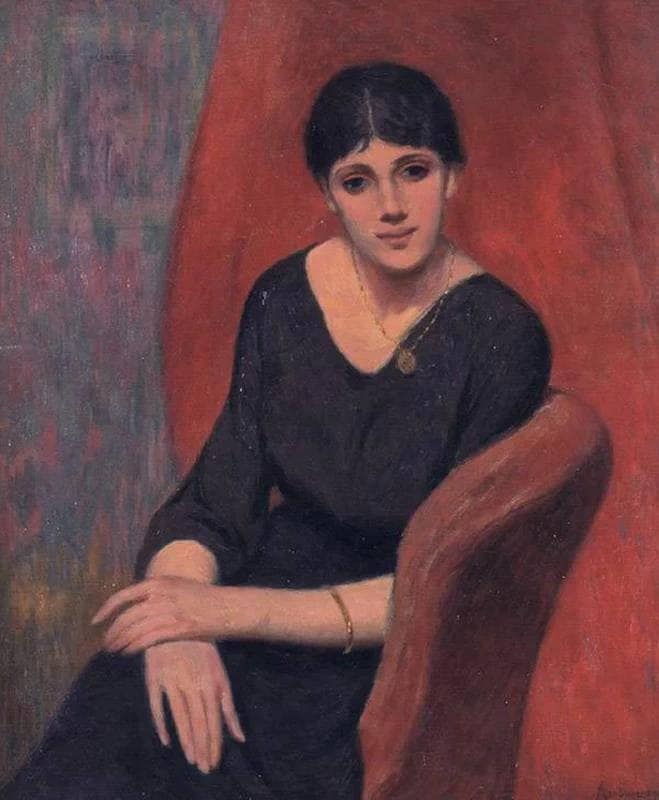 The woman in black on a red background by Federico Zandomeneghi — Oil Painting Reproduction