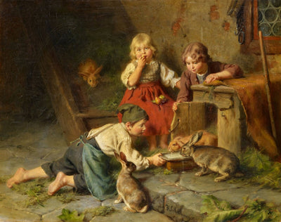 Three children feeding rabbits in dining room
