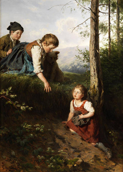 Three children picking berries in the forest in study