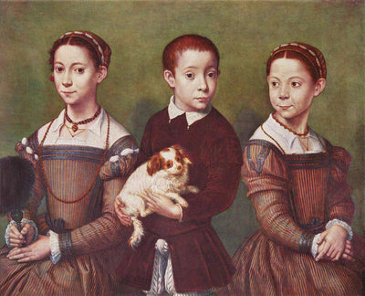 Three children with dog in kitchen