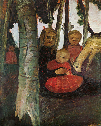 Three children with goat in the birch forest in living room