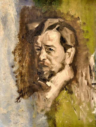 Three-quarter self-portrait in bedroom