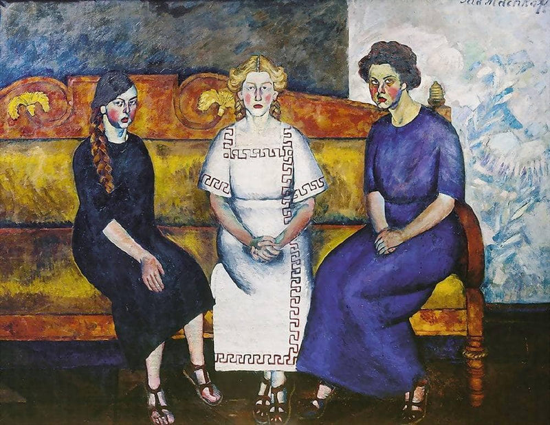 Three sisters on the couch. Portrait of N. Samoilova, L. Samoilova and E. Samoilova by Ilya Mashkov — Oil Painting Reproduction