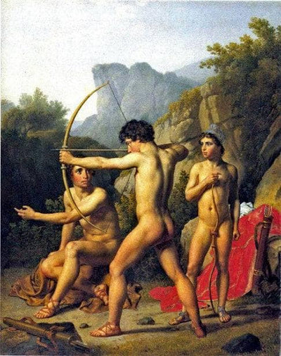 Three Spartan Boys Practicing Archery in study