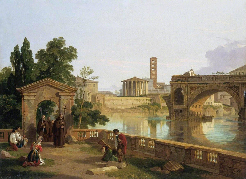 Tiber with the Temple of Hercules Victor, Santa Maria in Cosmedin and the Ponte Rotto seen from the Convent of San Barto by Penry Williams — Oil Painting Reproduction
