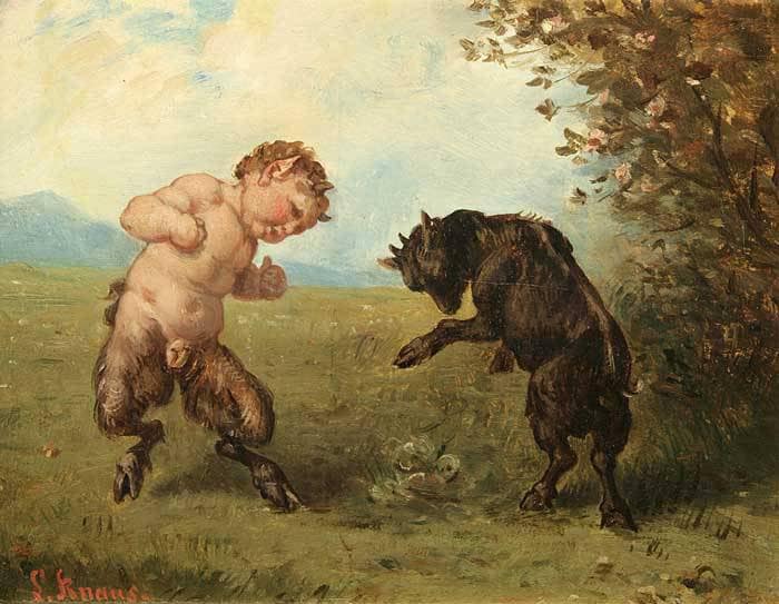 Trial of strength (satyr boy with billy goat in landscape) by Ludwig Knaus — Oil Painting Reproduction