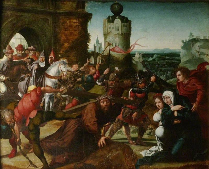 Triptych (middle panel) Christ Falls, with the Cross, Before a City Gate by Bernard Van Orley — Oil Painting Reproduction