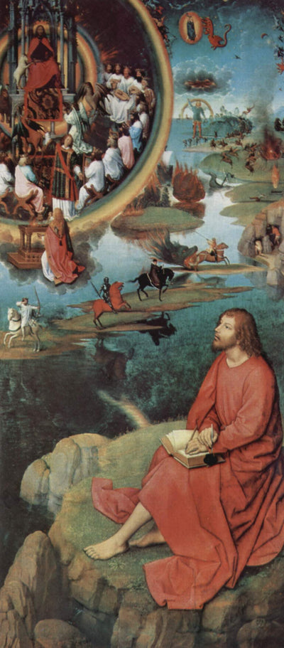 Triptych of the Mystical Marriage of St. Catherine of Alexandria, right wing: Scene of St. John the Evangelist in Patmos in modern living room