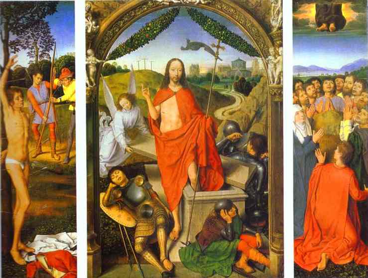 Triptych of the Resurrection: The Resurrection (centre) The Martyrdom of St. Sebastian (left) and The Ascension (right) by Hans Memling — Oil Painting Reproduction