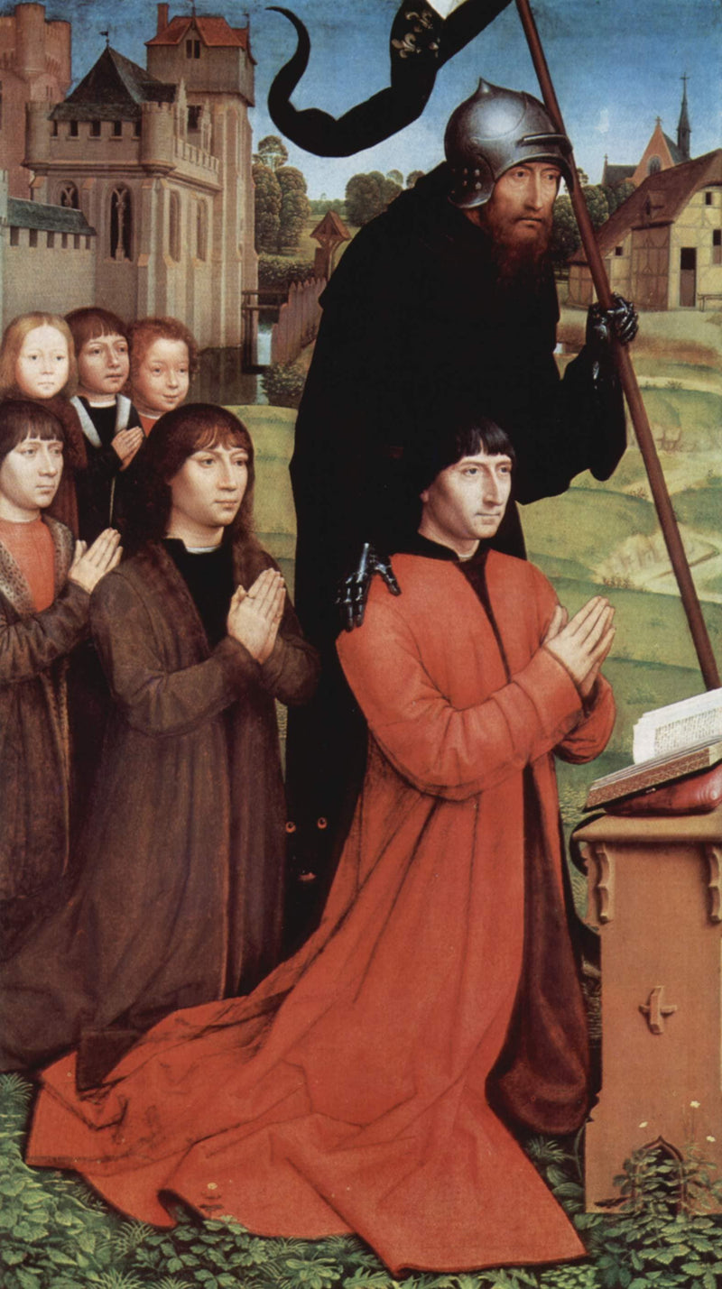 Triptych of Willem Moreel, left wing, the founder Willem Moreel, his sons and St. William of Maleval by Hans Memling — Oil Painting Reproduction
