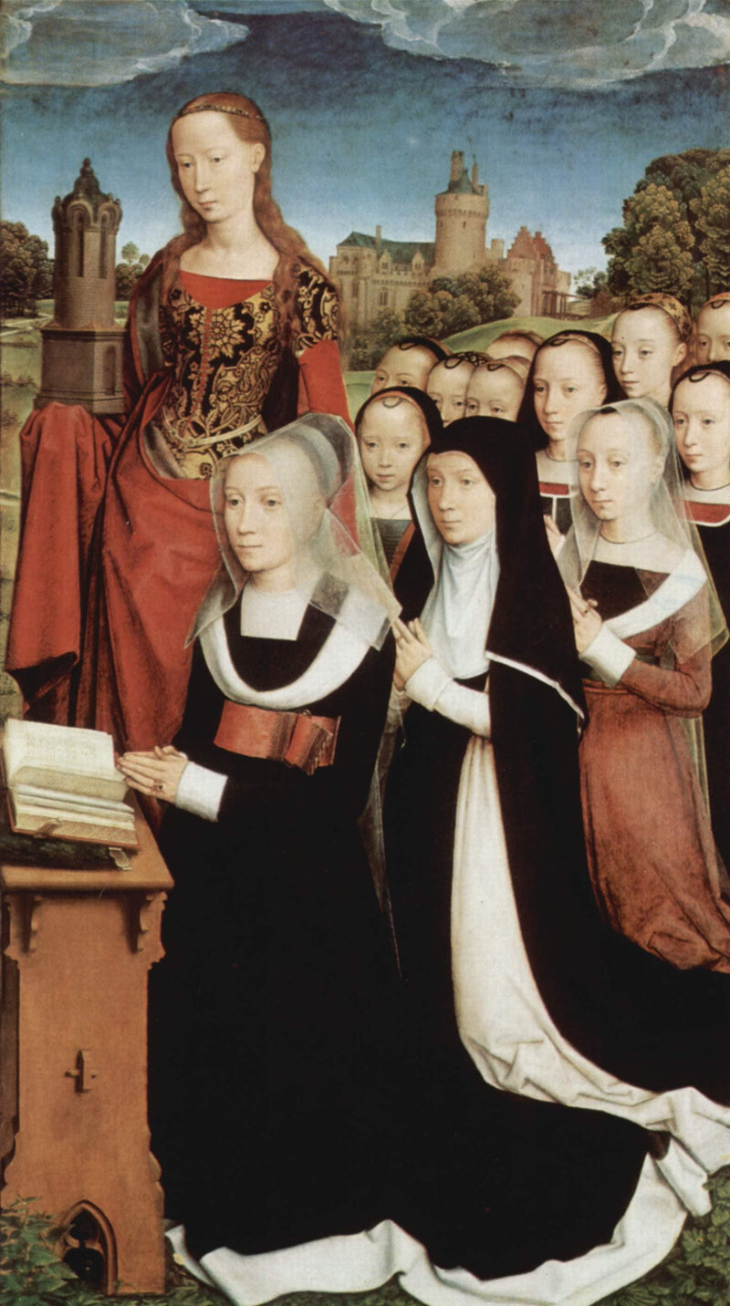 Triptych of Willem Moreel, right wing, the founder Barbara van Vlaenderbergh, wife of Willem Moreel, the daughters and the St. Barbara by Hans Memling — Oil Painting Reproduction