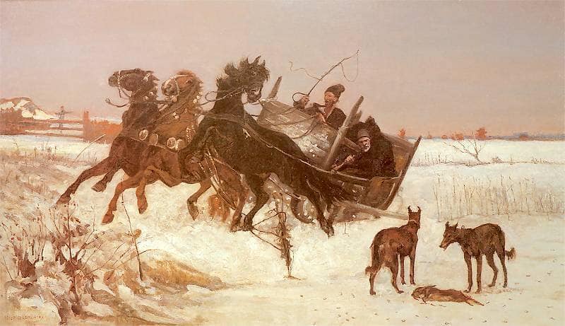 Three in the Snow by Józef CheÅmoÅski — Oil Painting Reproduction