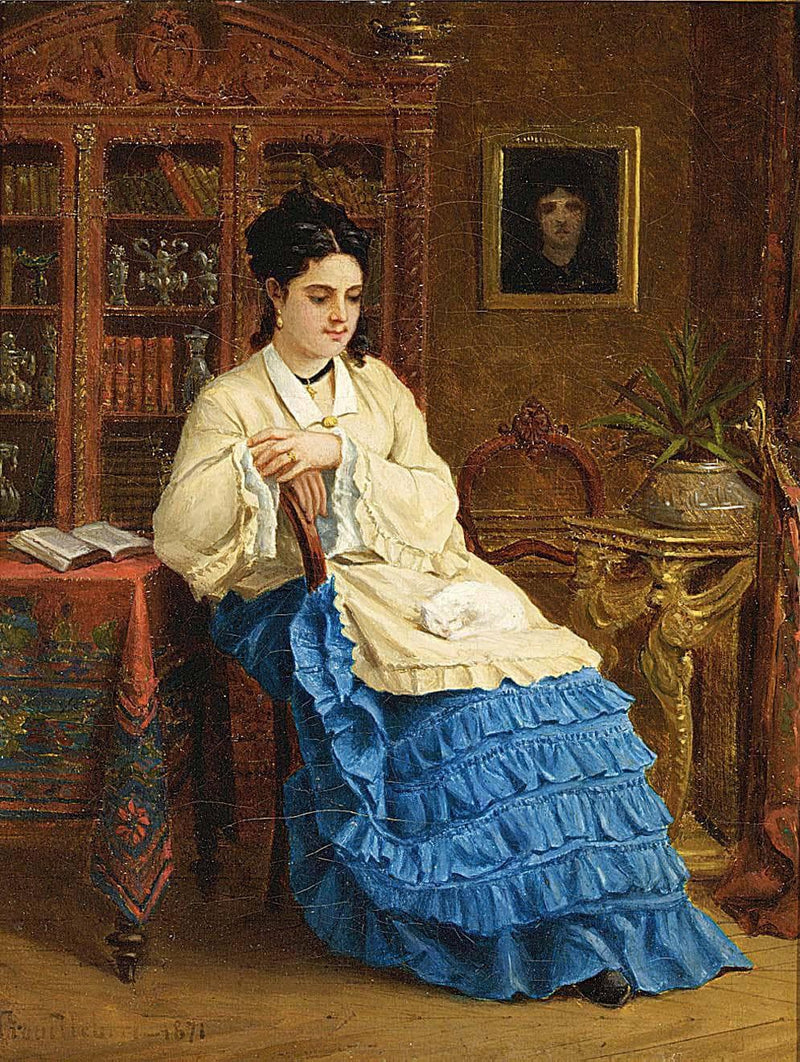 Woman in a blue dress daydreaming by Paul Trouillebert — Oil Painting Reproduction