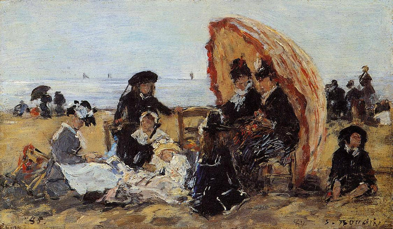 Trouville, on the Beach Sheltered by a Parasol by Eugene Boudin — Oil Painting Reproduction