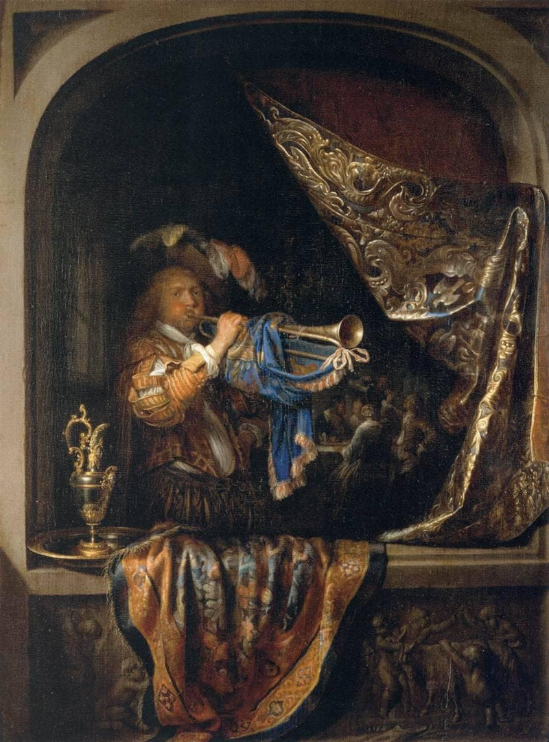 Trumpet Player in front of a Banquet by Gerrit Dou — Oil Painting Reproduction