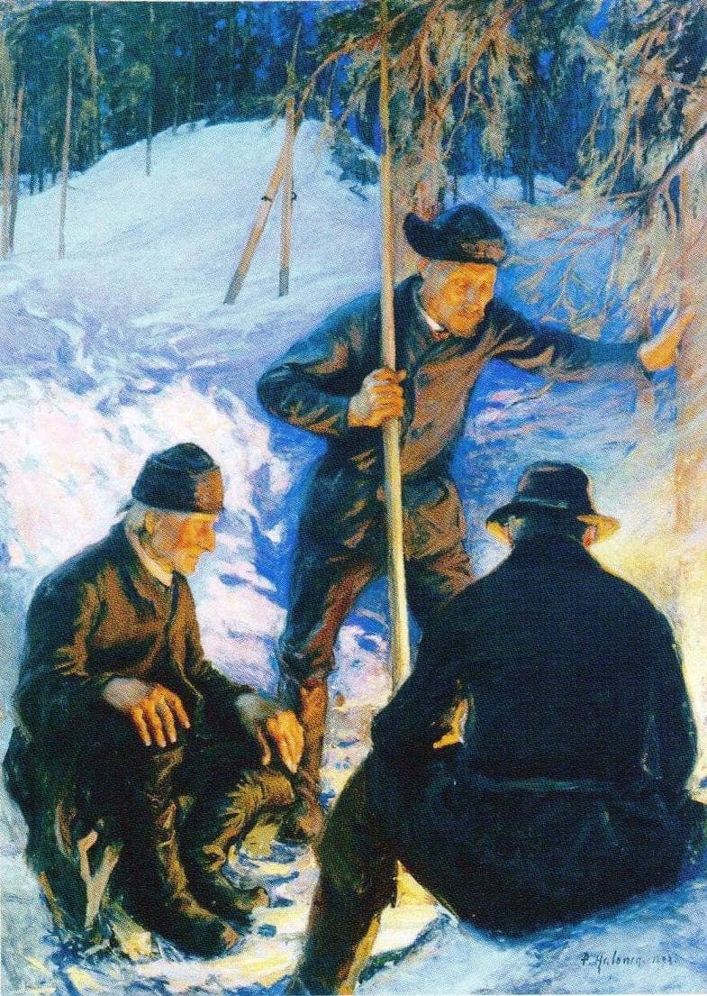 Tukkimiehiä Nuotiolla by Pekka Halonen, Oil Painting Reproduction