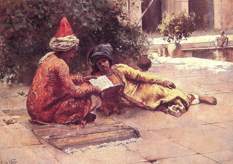 Two Arabs Reading in a Courtyard by Rudolf Ernst — Oil Painting Reproduction