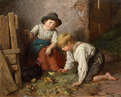 Two children with the chicks in living room