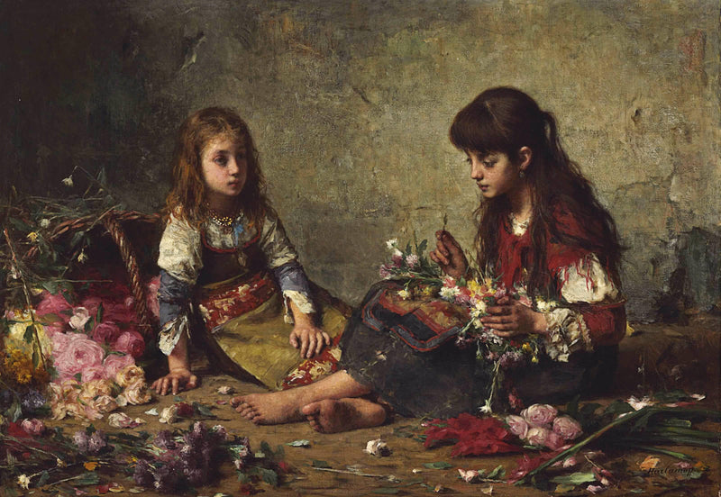 Two girls arranging flowers by Alexei Harlamoff — Oil Painting Reproduction