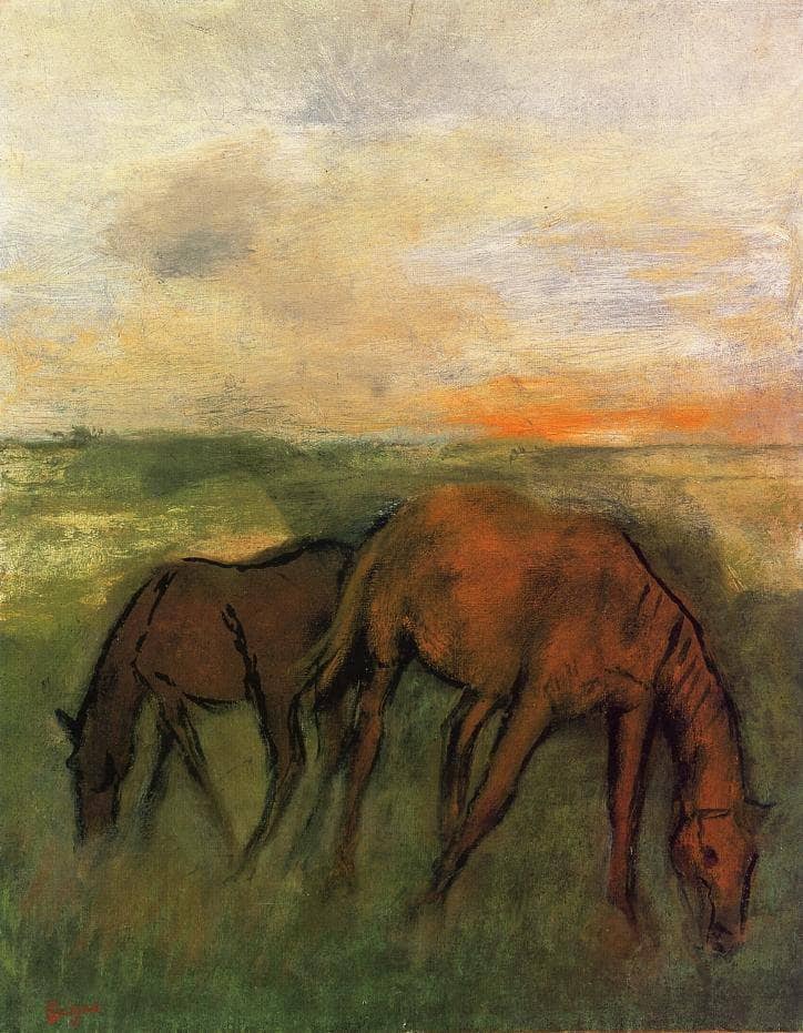 Two Horses in a Pasture by Edgar Degas — Oil Painting Reproduction