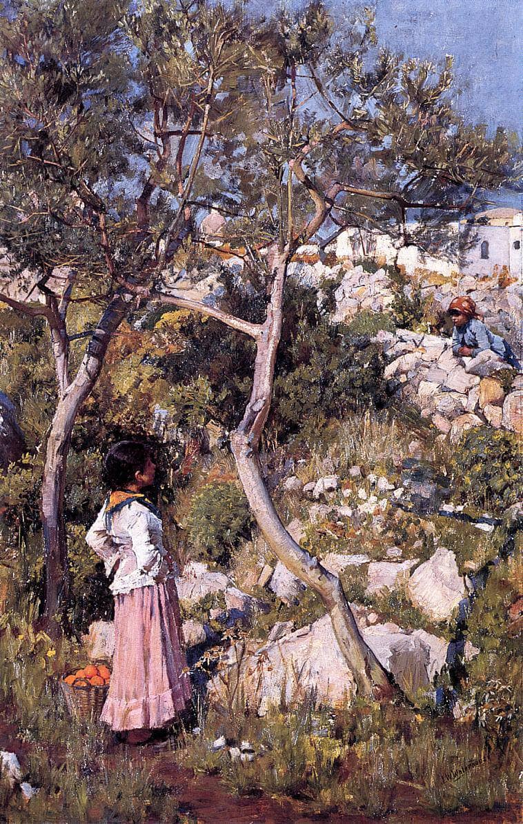 Two Little Italian Girls by a Village by John William Waterhouse — Oil Painting Reproduction