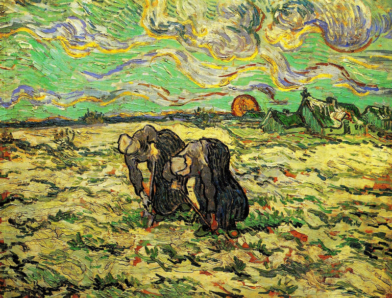 Two Peasant Women Digging in Field with Snow by Vincent van Gogh — Oil Painting Reproduction