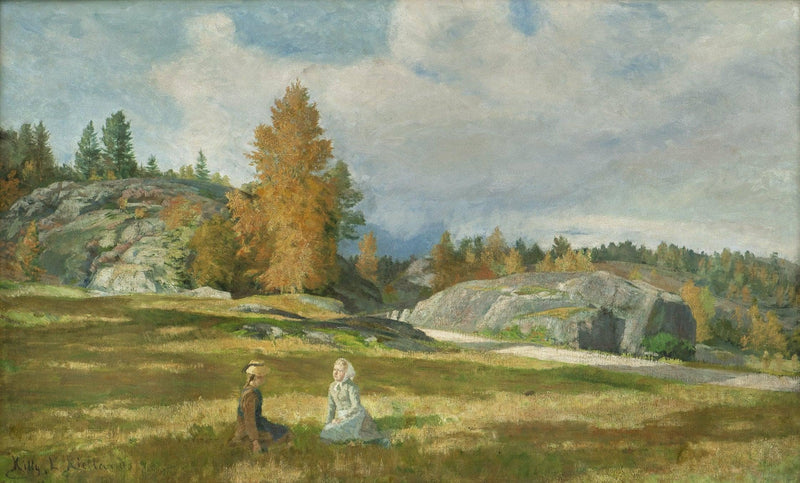 Two Seated Girls on a Meadow by Kitty Lange Kielland — Oil Painting Reproduction