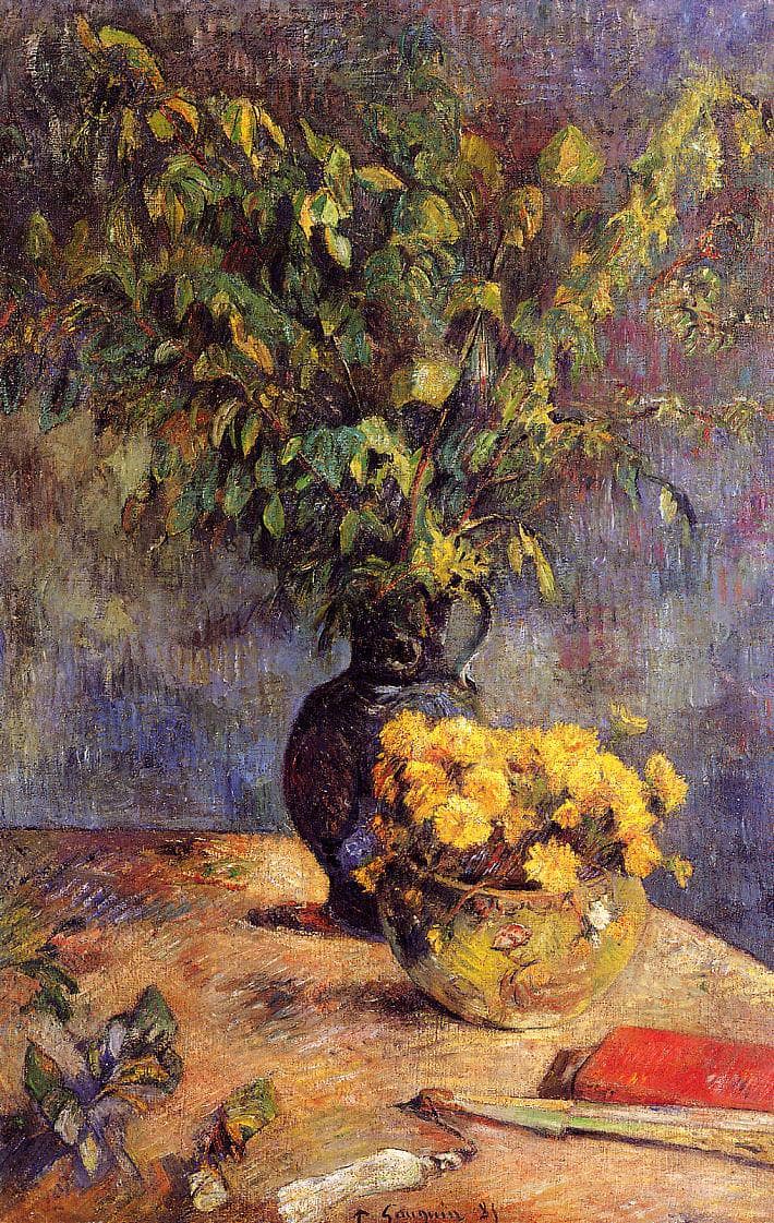 Two vases of flowers and a fan by Paul Gauguin — Oil Painting Reproduction