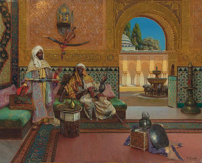 Two Warriors in the Alhambra Palace, the Court of Lions in the Background by Rudolf Ernst — Oil Painting Reproduction