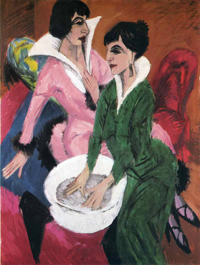 Two Women with Sink (or Wash Basin) in bedroom