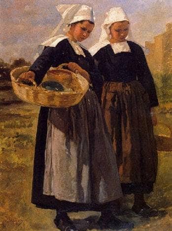 Two Young Bretons by Jules Trayer — Oil Painting Reproduction