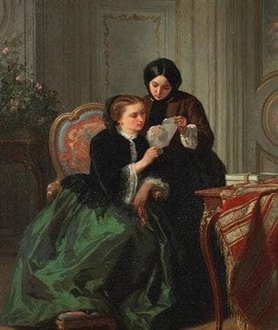 Two young ladies reading a letter by Jules Trayer — Oil Painting Reproduction