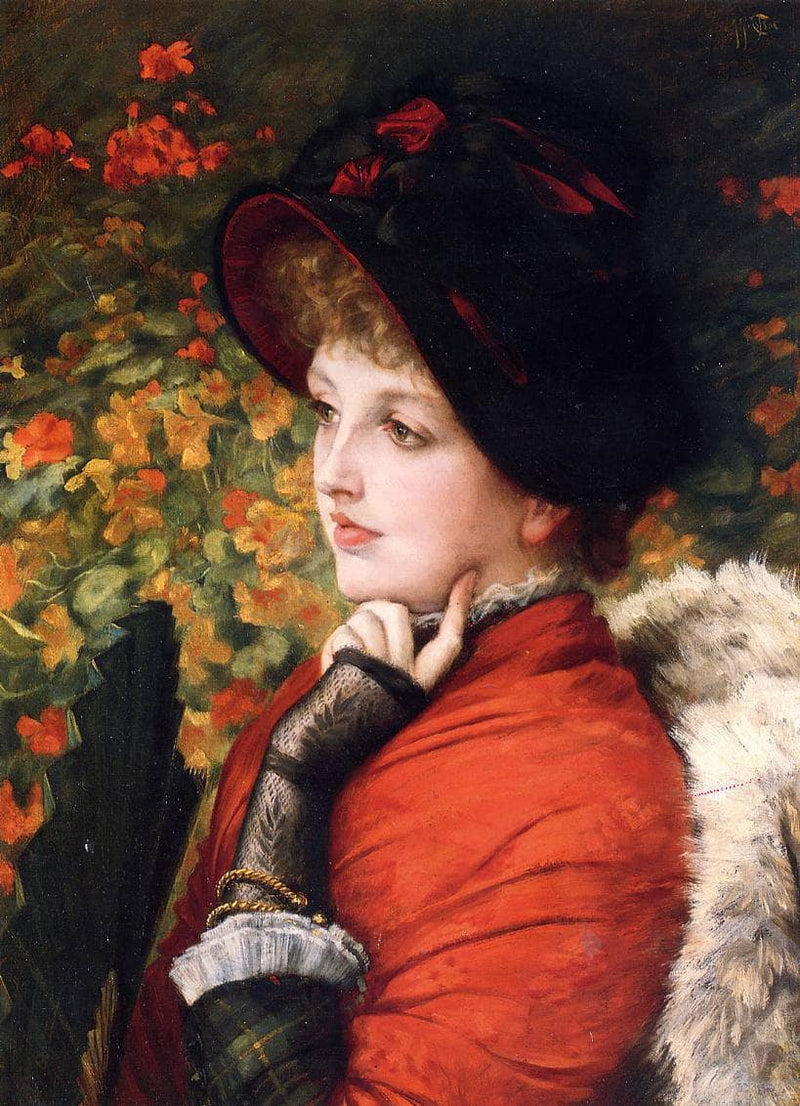 Type of Beauty: Portrait of Mrs. Kathleen Newton in a red dress and black bonnet by James Tissot — Oil Painting Reproduction