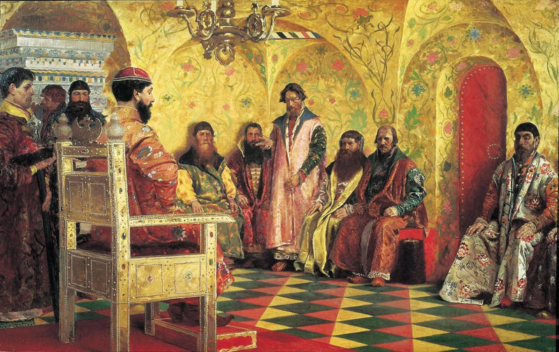 Tzar Mikhail Fedorovich Holding Council with the Boyars in His Royal Chamber by Andrei Ryabushkin — Oil Painting Reproduction