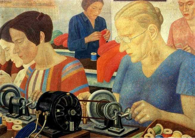 Udarnitzi (Record Breaking Workers) at the Factory Krasnaya Zaria by Pavel Filonov — Oil Painting Reproduction