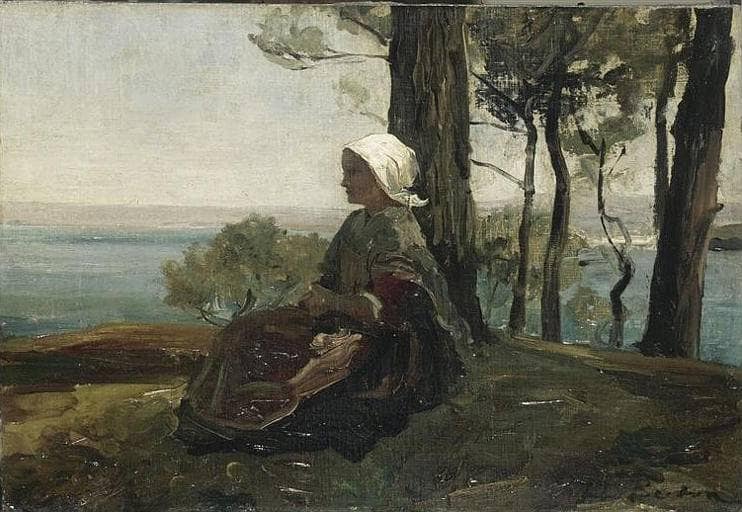 Under the pine tree by Jules Breton — Oil Painting Reproduction
