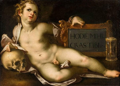 Vanitas - putto with a skull and an hourglass in entryway