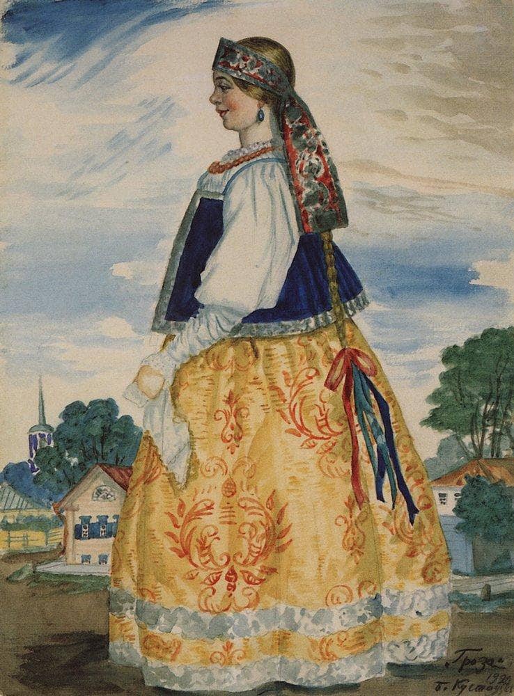 Varvara. Costume Design for Nikolai Ostrovsky's 'The Thunderstorm' by Boris Kustodiev — Oil Painting Reproduction