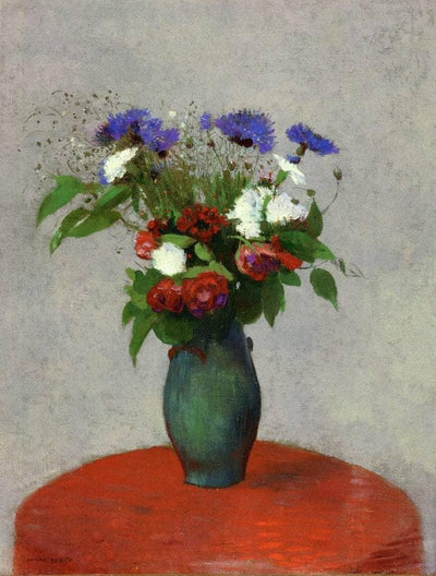 Vase of Flowers on a Red Tablecloth in entryway