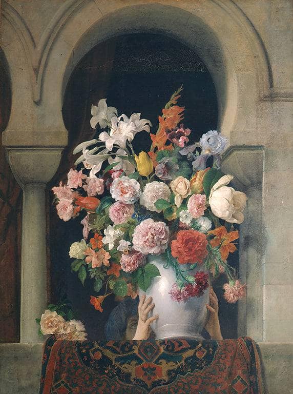 Vase of flowers on the window of a Harem by Francesco Hayez — Oil Painting Reproduction