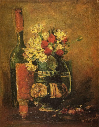 Vase with Carnations and Bottle in hallway
