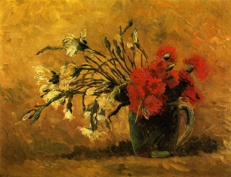 Vase with Red and White Carnations on a Yellow Background by Vincent van Gogh — Oil Painting Reproduction