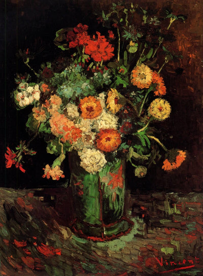 Vase with Zinnias and Geraniums in kitchen