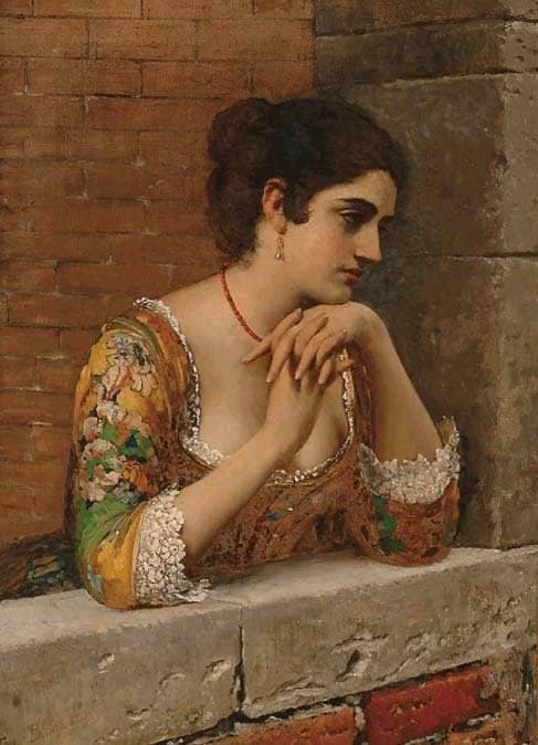 Venetian Beauty on Balcony by Eugene de Blaas — Oil Painting Reproduction